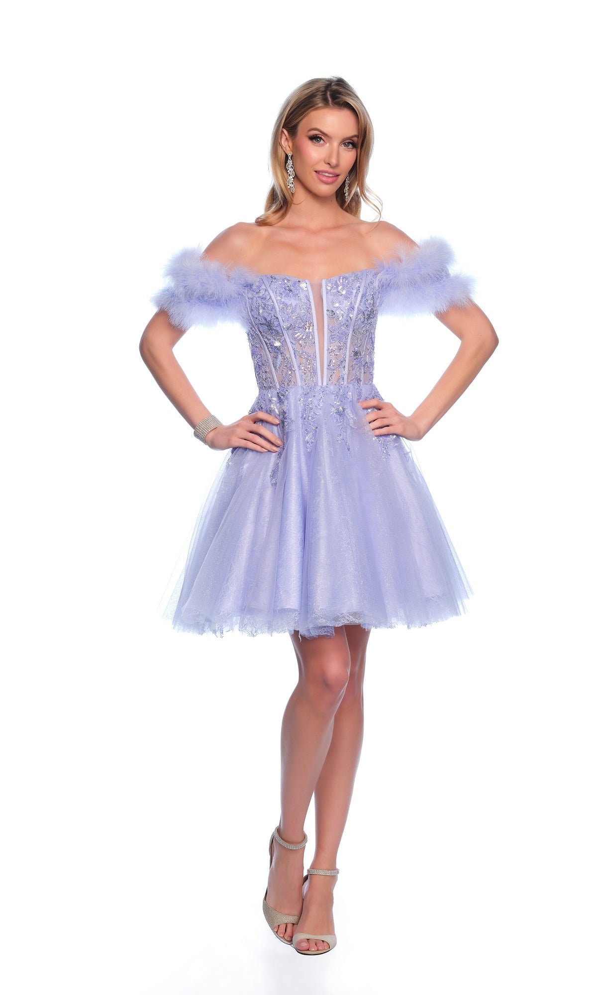 A woman poses in the Dave & Johnny Feather Short Hoco Dress 11775, featuring an off-the-shoulder design, feathered sleeves, lace details, and a beaded sheer corset bodice, styled with heels and jewelry against a white background.